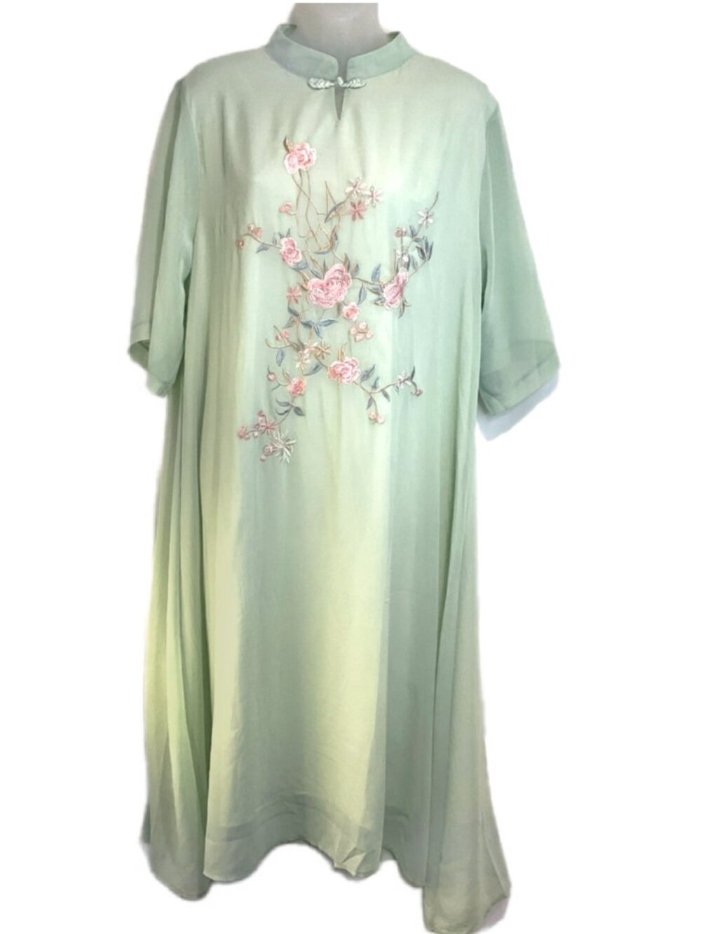 Mint Green Chiffon Mesh Qipao Cheongsam Dress Floral Embroidered Mandarin Midi